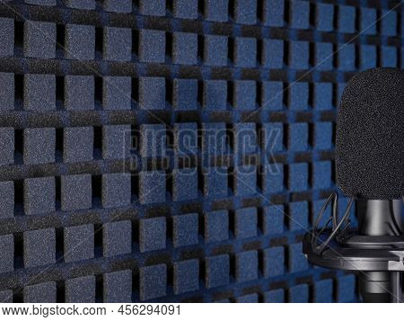 Professional condenser microphone in sound podcasting studio