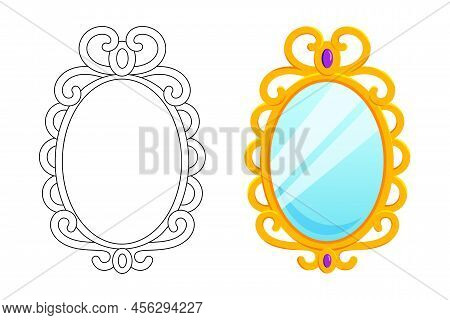 Magic Mirror In Cartoon Style, Vector Illustration. Oval Gold Frame For Game Design. Fairy Vintage M