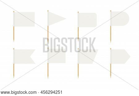 Toothpick Flags. Blank Flag On Wooden Stick. Wood Toothpick With White Paper Banner For Food And Coc