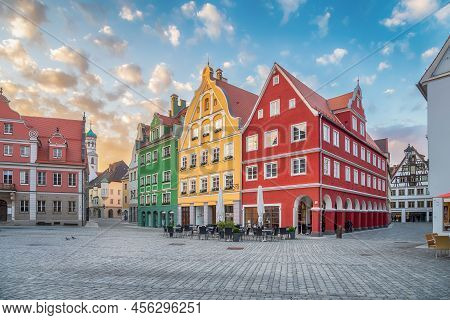 Colorful Buildings On Market Square (marktplatz) In Sunrise In  Memmingen,  Bavaria, Germany