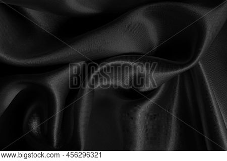 Black Fabric Cloth Texture For Background And Design Art Work, Beautiful Crumpled Pattern Of Silk Or