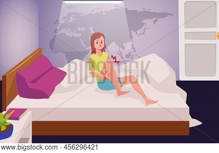 Upset Woman Suffering From Sharp Muscle Pain In Ankle, Sudden Night Cramps, Flat Vector Illustration