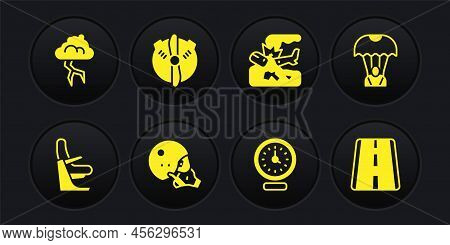 Set Airplane Seat, Parachute, Modern Pilot Helmet, Clock, Plane Crash, Propeller, Airport Runway And