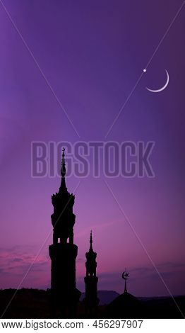 Ramadan, Eid Ai-fitr,new Year Muharram Islamic Religion Symbols With Moon Silhouette On Blur Dark Re