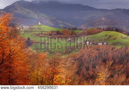 Aerial View Of Saint Andrew Church Sv. Andrej In Skofja Loka, Autumn Landscape