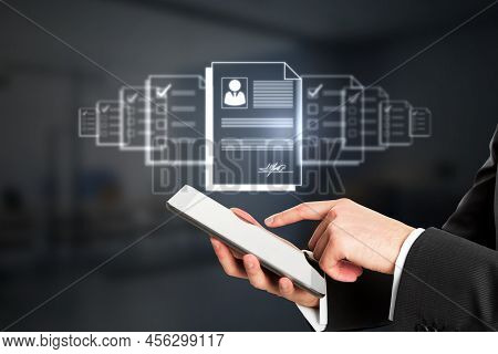 Hris And Recruiting Online Concept With Hr Manager Hands Using Digital Tablet And Virtual Wall Scree