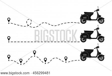 Moped Icon Dotted Line Path With Start Point. Set Of Motorbike Or Moped Way Trace With Location Or M