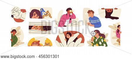 People Spying, Observing And Sneaking Set. Characters Peeping, Hiding Behind Shrubs, Window. Men, Wo