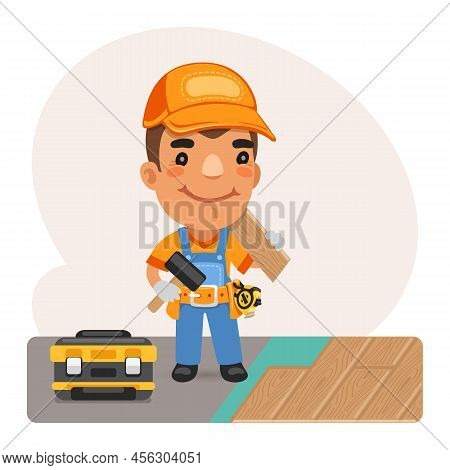 Parquet Layout Cartoon Worker In The Room. Composition With A Professional. Flat Male Character.