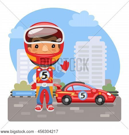 Cartoon Racer Next To His Racing Car On The Track. Composition With A Professional Man. Flat Male Ch