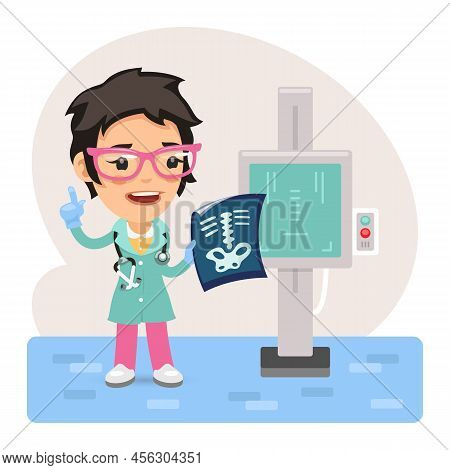 Cartoon X-ray Operator Examines A Skeleton Image In His Office. Composition With A Professional. Fla