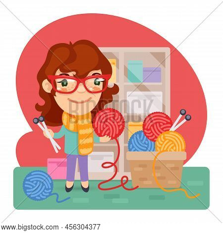 Cartoon Illustration Of A Smiling Woman Knitter With A Ball Of Thread. Composition With A Profession