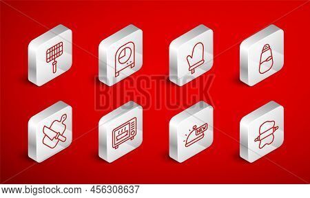 Set Line Rolling Pin On Dough, Kitchen Timer, Oven Glove, Salt, Covered With Tray Of Food, Barbecue 
