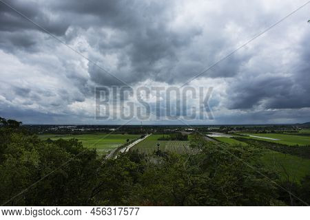 Aerial View Landscape And Rice Field Or Paddy Land From Viewpoint Of Wat Khao Nang Buat Or Phra Acha
