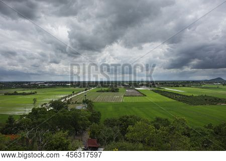 Aerial View Landscape And Rice Field Or Paddy Land From Viewpoint Of Wat Khao Nang Buat Or Phra Acha
