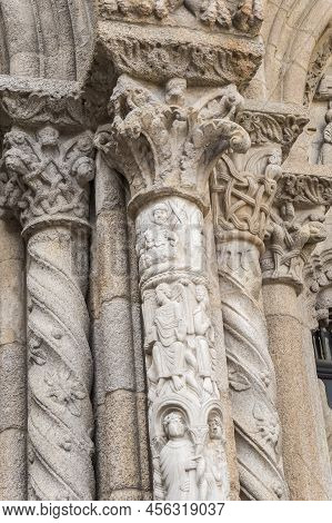 Detail Of Capitals On Columns In The Cathedral Of Santiago De Compostela In Galicia, Spain.