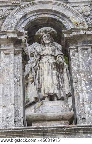 Santiago Apostol Detail In The Facade Of The Of Santiago De Compostela  Cathedral In Galicia, Spain.