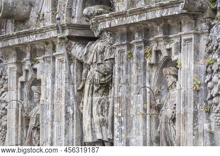 Santiago Apostol Detail In The Facade Of The Of Santiago De Compostela  Cathedral In Galicia, Spain.