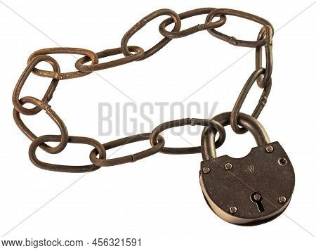 Rusty padlock and chain isolated on white background