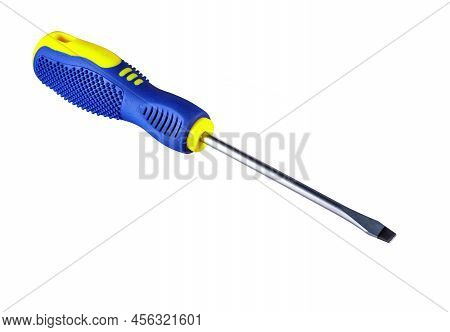Yellow blue screwdriver isolated on white background