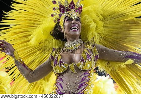 Rio, Brazil - April 22, 2022: Samba School Mangueira  In The Rio Carnival, Held At The Marques De Sa