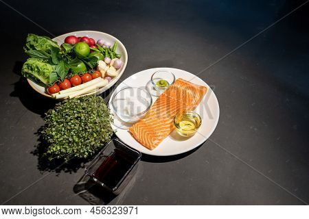 Ingredients Of Spicy Raw Salmon Are Prepared On Granite Top Table Such As Lemonglass Tomato Lemon Ga