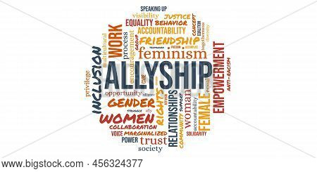 Allyship Concept Word Cloud Circle On White Background. Solidarity For Women In Inclusive Community,