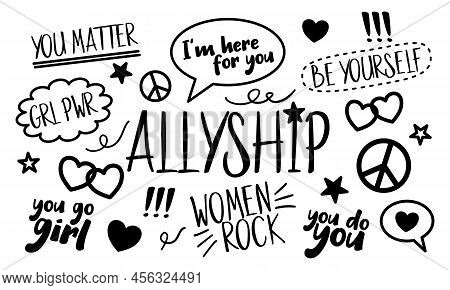 Set Of Allyship For Women Concept Doodles On White Background. Solidarity For Women In Inclusive Com
