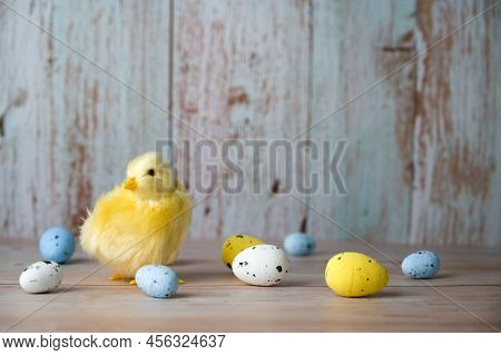 Easter Greeting Card With Plave For Text.small Chicken Surrounded With Colorful Eggs Against Blue Ba
