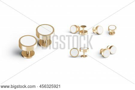 Blank Round Gold Cufflinks Stud Mockup Pair, Different Views, 3d Rendering. Empty Male Classic Cuffs