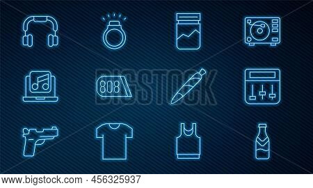 Set Line Beer Bottle, Drum Machine Music, Plastic Bag Of Drug, Laptop With, Headphones, Marijuana Jo