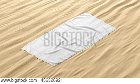 Blank White Crumpled Unfolded Big Towel Mockup, Sand Background, 3d Rendering. Empty Rectangular Sof
