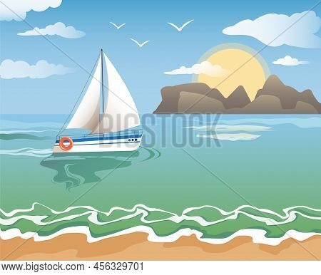 Flocks With White Sails In The Open Ocean. Beach, Waves, Sun, Mountains. Illustration