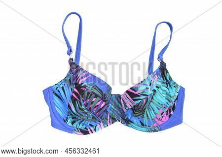 Fashionable Swimsuit Bra Isolated On White Background. Women's Blue Bathing Bra With A Bright Print.