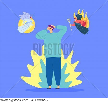 Cartoon Color Character Man And Choice Angel Or Demon Decision Concept Flat Design Style. Vector Ill