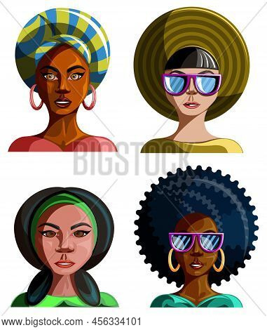 Vector Image Of Four Girls Of Different Nationalities On A White Background. Cartoon Style. Eps 10