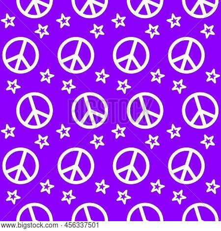 Purple Peace Sign Pattern With Star. Seamless Hippie Vector Background. Bright Peaceful Abstract Fem