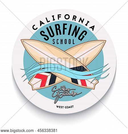 Surfing Logo Template For Surf School. Vintage Emblem In Retro Style. Surfboards, Waves And Hand Dra
