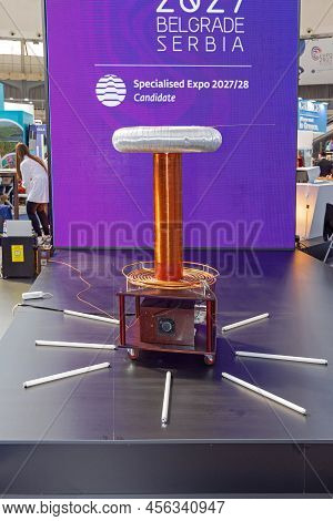 Belgrade, Serbia - March 24, 2022: Electrical Resonant Transformer Coil Designed By Inventor Nikola 