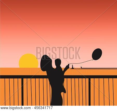 Silhouette Mother Holding Balloon With Son In The Sunset Near River. Holiday. Vector Illustration Fl