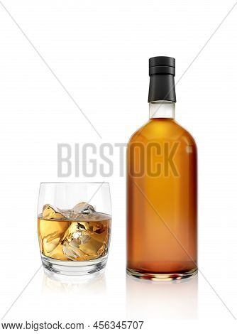 Realistic Whiskey Glass And Bottle. Traditional Alcohol Drink Bottles Mockup. Brandy, Scotch Brown B