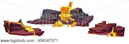Fantasy Waterfalls With Yellow Fluid Streams. Vector Cartoon Illustration Of Stones With Liquid Lava
