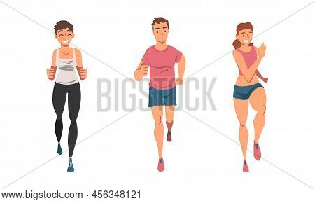 Cheerful People Character Running Marathon Or Long-distance Foot Race Vector Set
