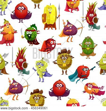 Cartoon Fruits Superhero Characters Seamless Pattern. Vector Background With Super Hero Star Or Drag