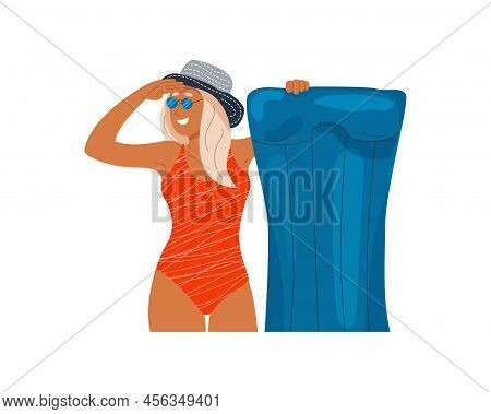 Happy Young Woman Slim Body Wear Red Swimsuit Holding Blue Air Mattress. Smiling Girl In Sunglasses 