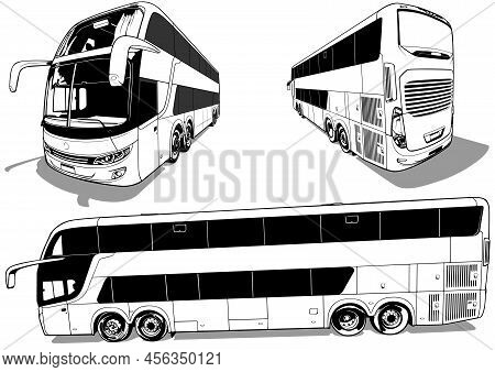 Set Of Drawings Of A Luxury Long-distance Bus From Three Views - Black Illustrations Isolated On Whi