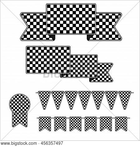 Set Og Race Flag Stickers Different Geometrick Forms. Black And White Squares Design Elements
