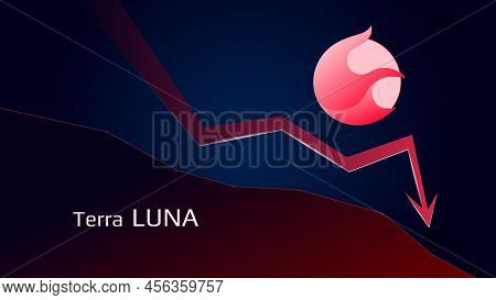 Terra Luna 2.0 In Downtrend And Price Falls Down. Crypto Coin Symbol And Red Down Arrow. Cryptocurre