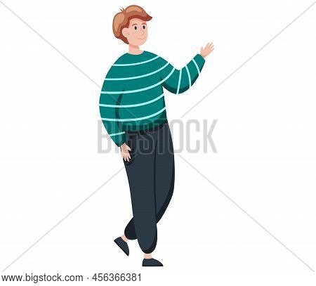 Young Man Standing And Points To Something With Her Hand. Male Character Gesturing Back View. Boy Wi