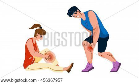 Cramp Leg Vector. Man Woman Pain, Muslule Injury, Foot Massage, Ache, Runner Hurt Cramp Leg Characte